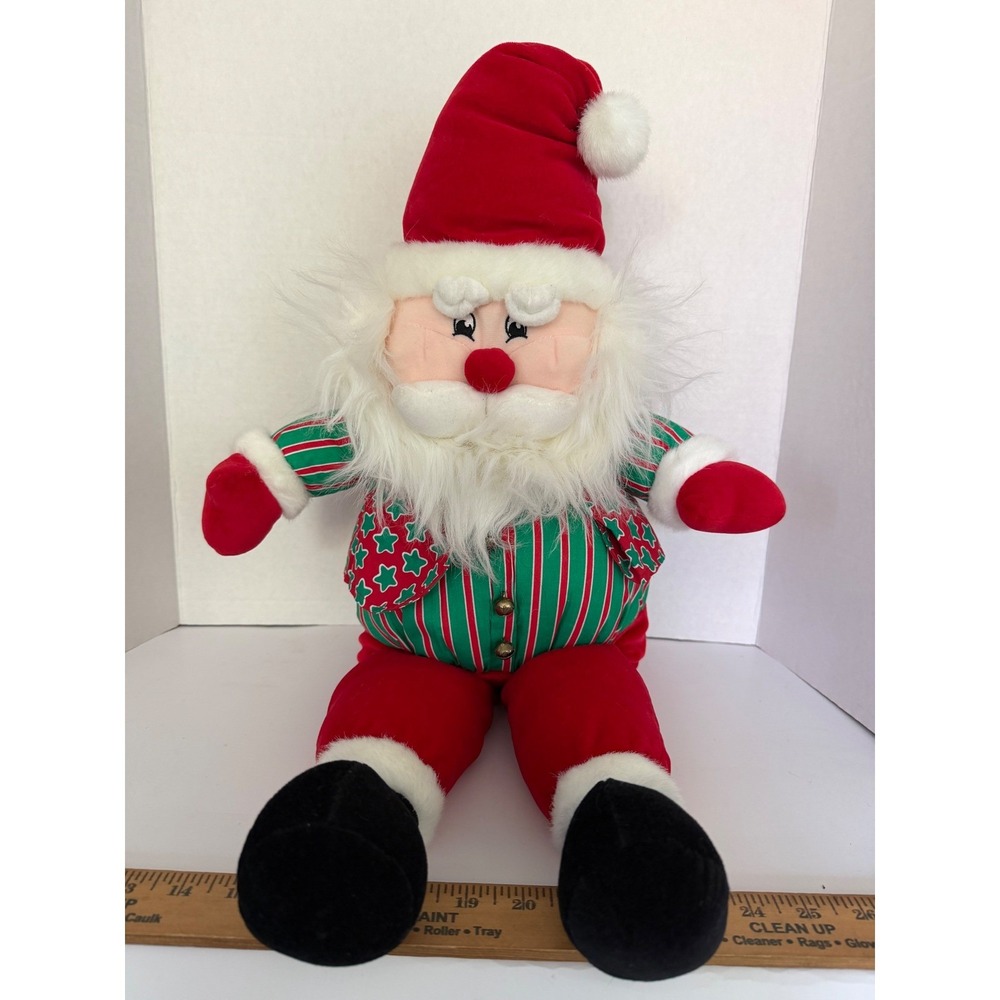 Vintage Santa Claus Sitting Plush Doll 26" Jingle Bell Buttons Red Stripe 13711